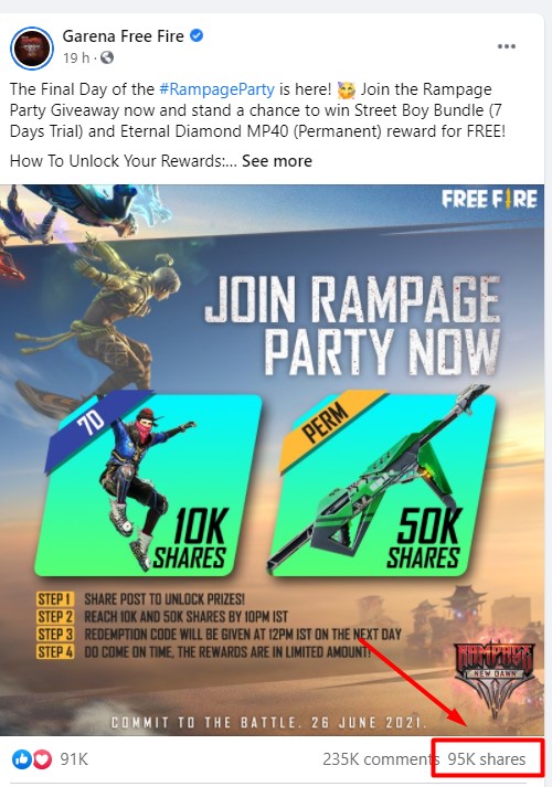 Free Fire Rampage Party Giveaway redeem codes June 27th 2021