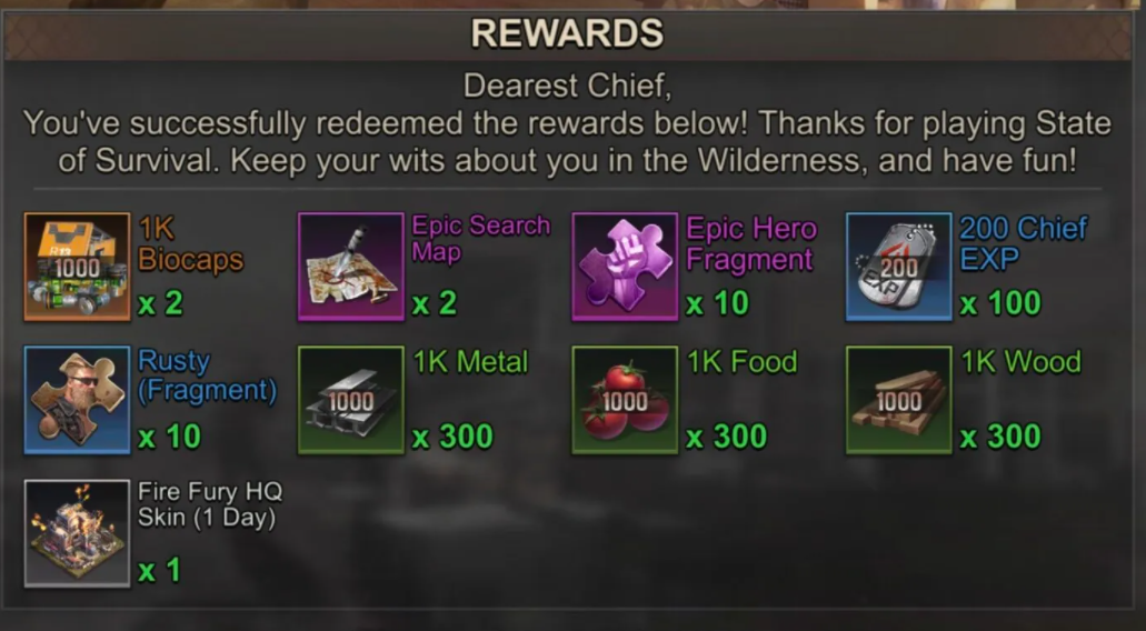State Of Survival codes