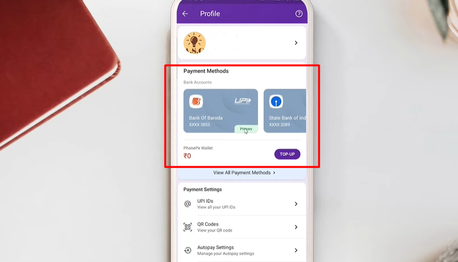 how to change primary account in PhonePe