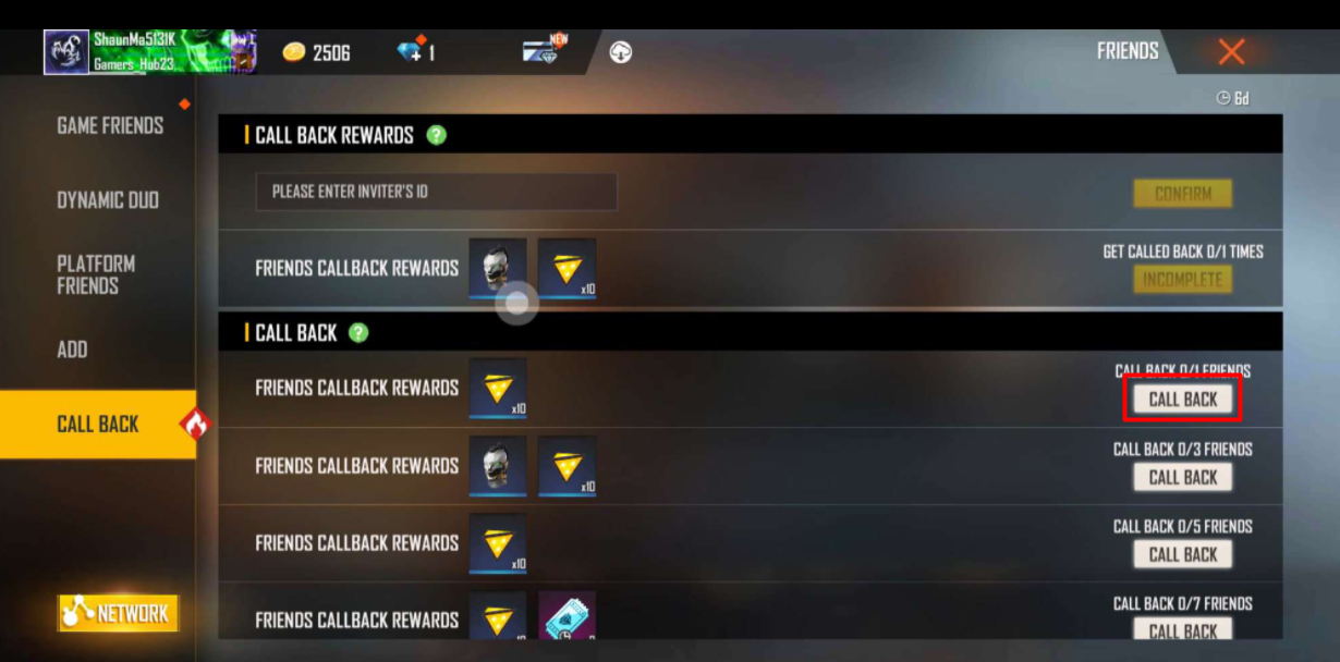 Free Fire Friends Call Back Event