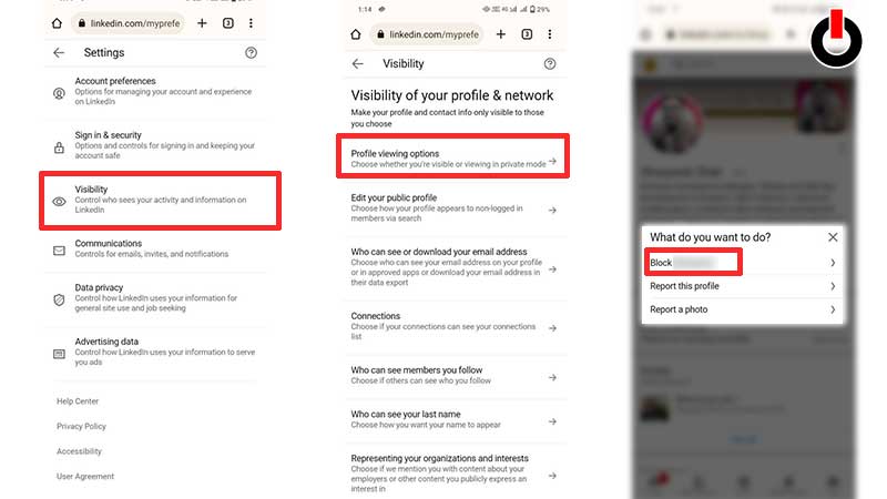 how to block linkedin member without going to profile