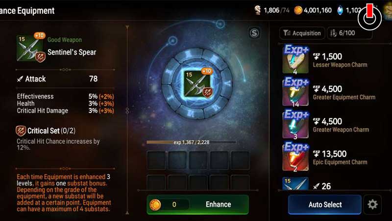 level up Equipment in Epic Seven