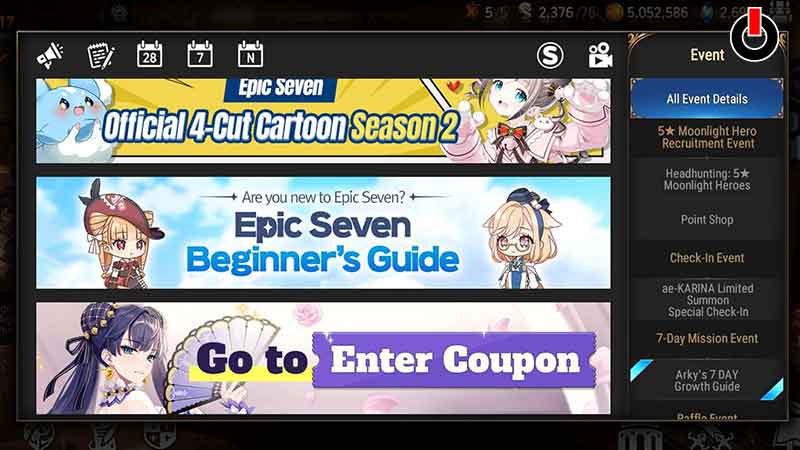 Redeem Coupon code in Epic Seven