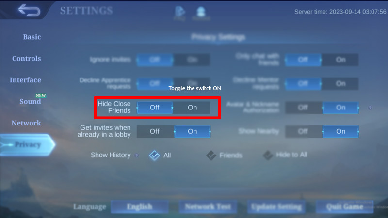 Hide affinity in Mobile Legends Bang Bang 