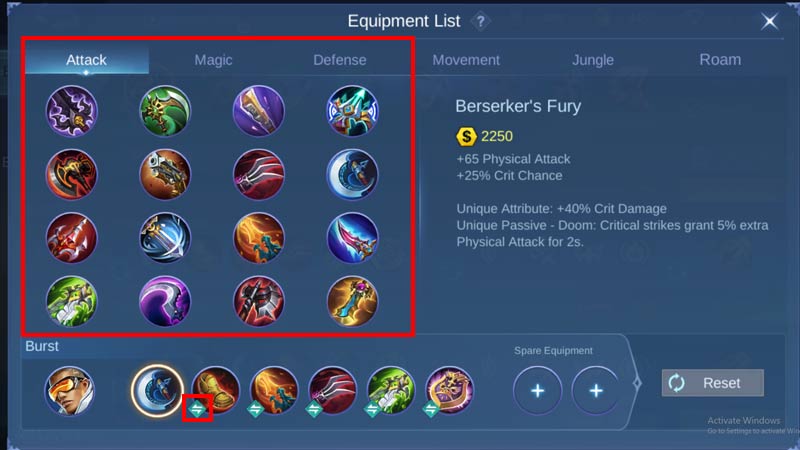 Reset and Equipment Build in Mobile Legends