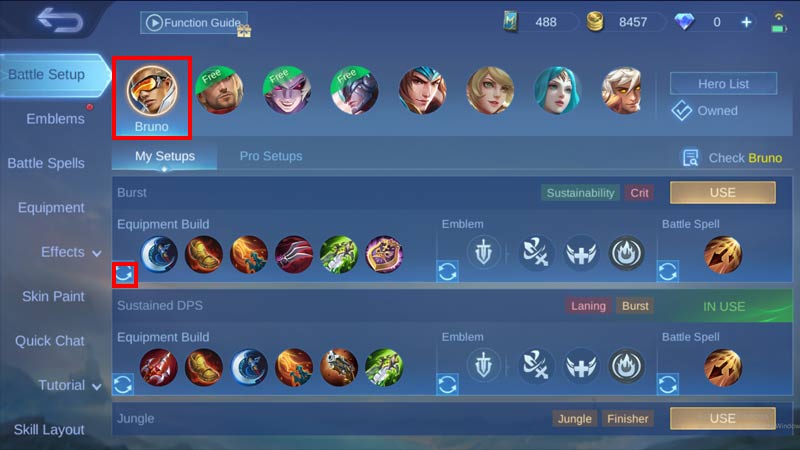 Select the hero whose equipment (item) in battle setup build 