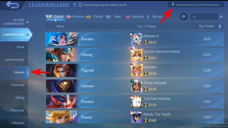 Steps to check location hero ranking in Mobile Legends